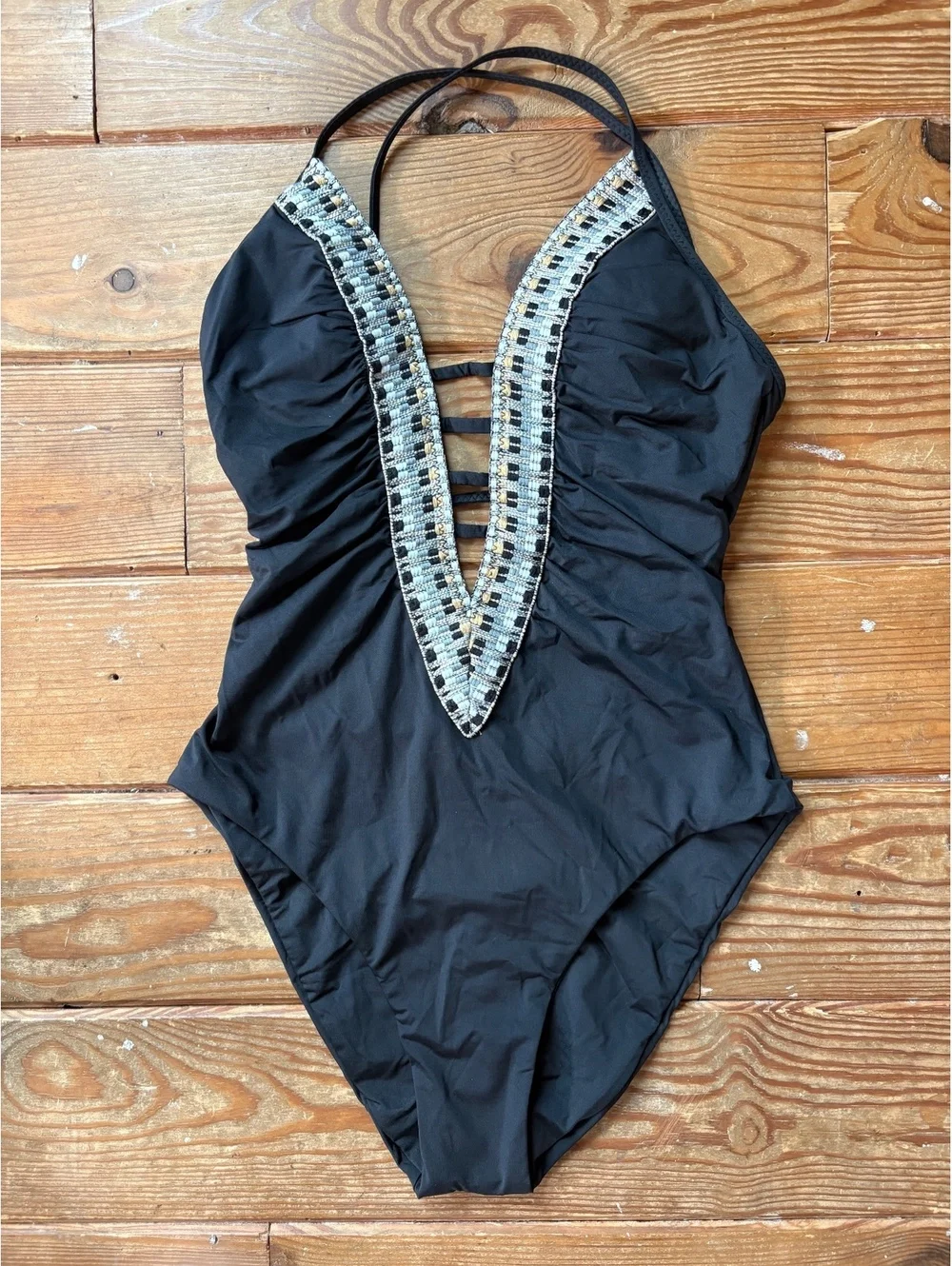 BECCA by Rebecca Virtue Black Embroidered Plunge One Piece Swimsuit M NWOT